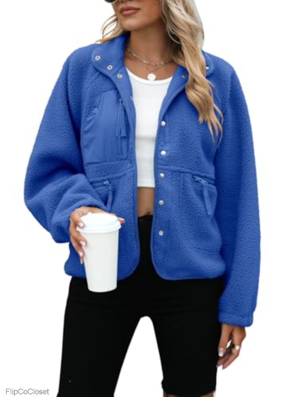 Sherpa Fleece Button Down Jacket Fuzzy Cropped Winter Coat